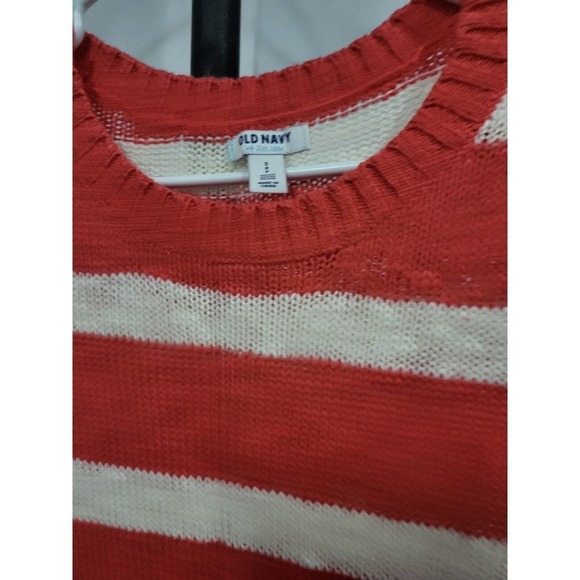 Old Navy Striped Knit Sweater Coral White 3/4 Sleeve Crew Neck Small - Picture 5 of 5